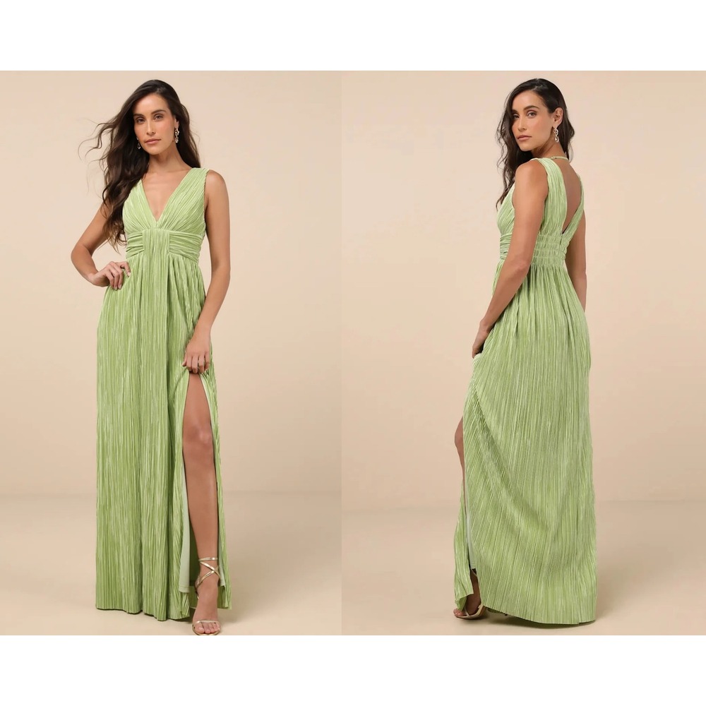 Lulus Melitta Lime Green Plisse Sash Maxi Dress Size Medium